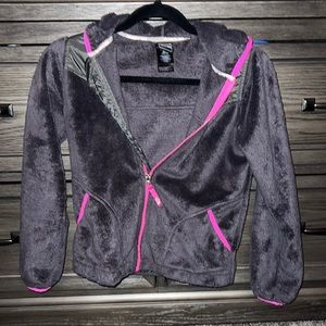 Dark Gray and Pink North Face fuzzy jacket